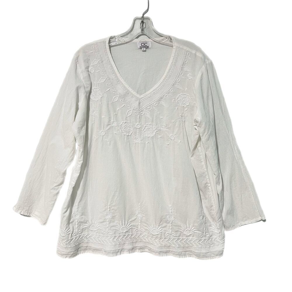 CHIC CONNECTION Women Tunic Top L Long Sleeve White Embroidered 100% Cotton